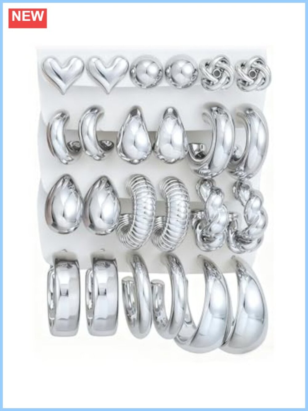 12 Pairs Chunky Silver Hoop Earrings Set Silver Plated Lightweight Non Tarnish